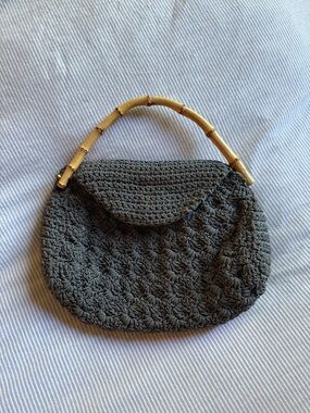 Handcrafted Gray Crochet Bamboo-Handle Women’s Bag